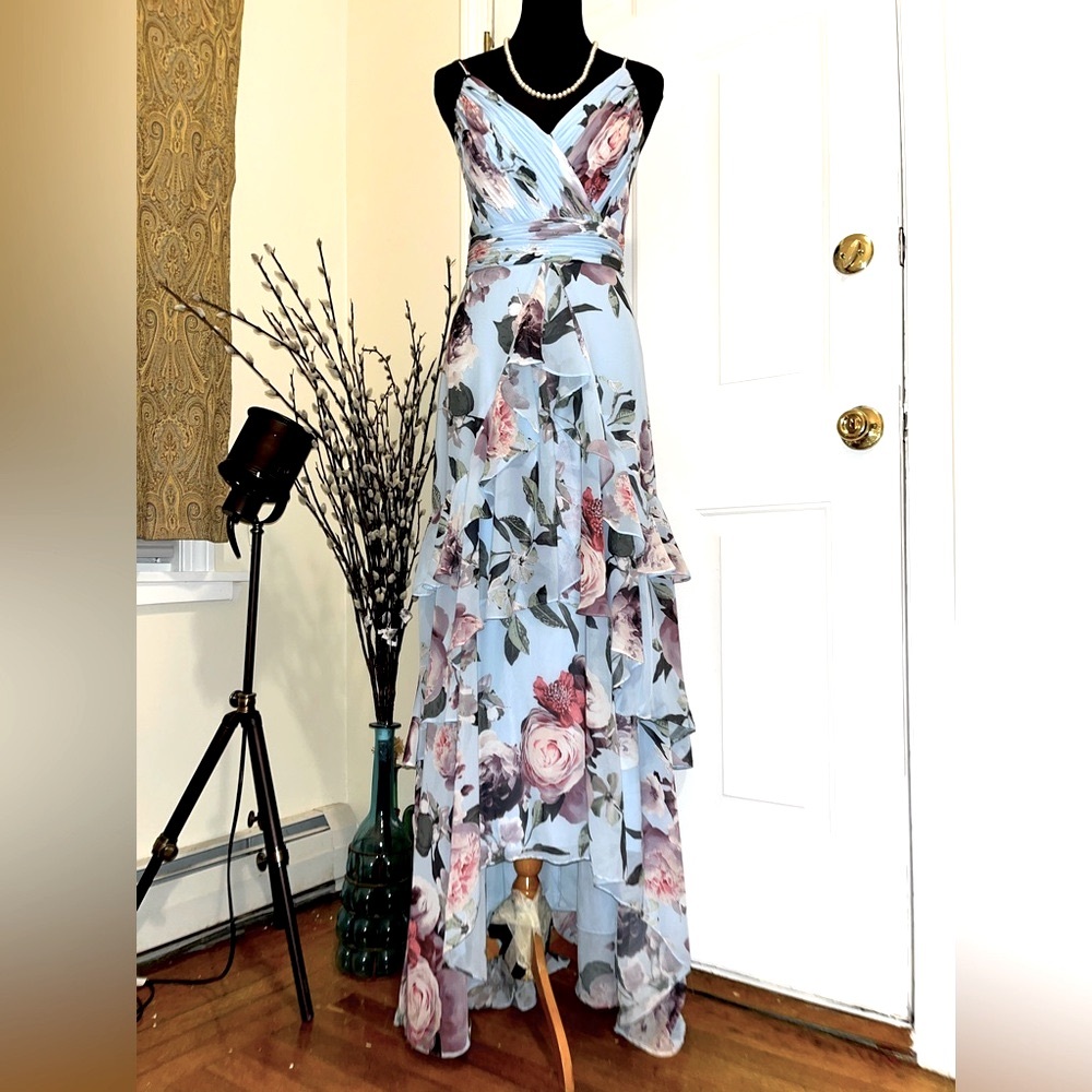 Beautiful In Blue Floral Xscape Ruffle High Low fitted Dress